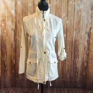 Polagram Women Off White Utility Jacket Cotton Linen Blend Crochet Detail Back M